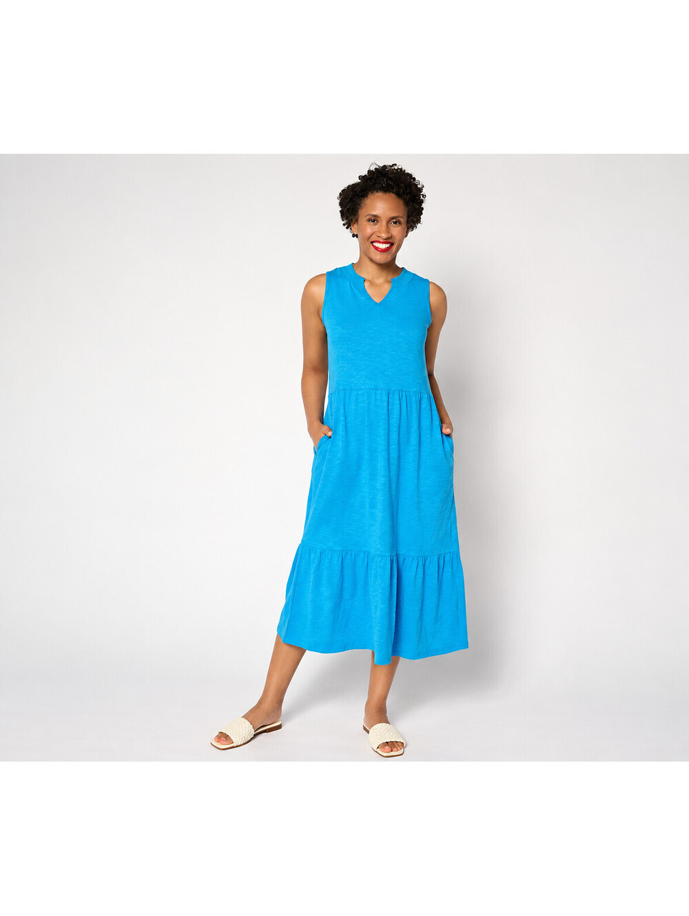 Denim & Co. Petite Linen Blend Midi Dress with Smock Neck Azure Blue Petite XS